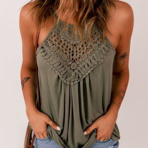 Dainty Crochet Floral Tank Top Olive Sage Green